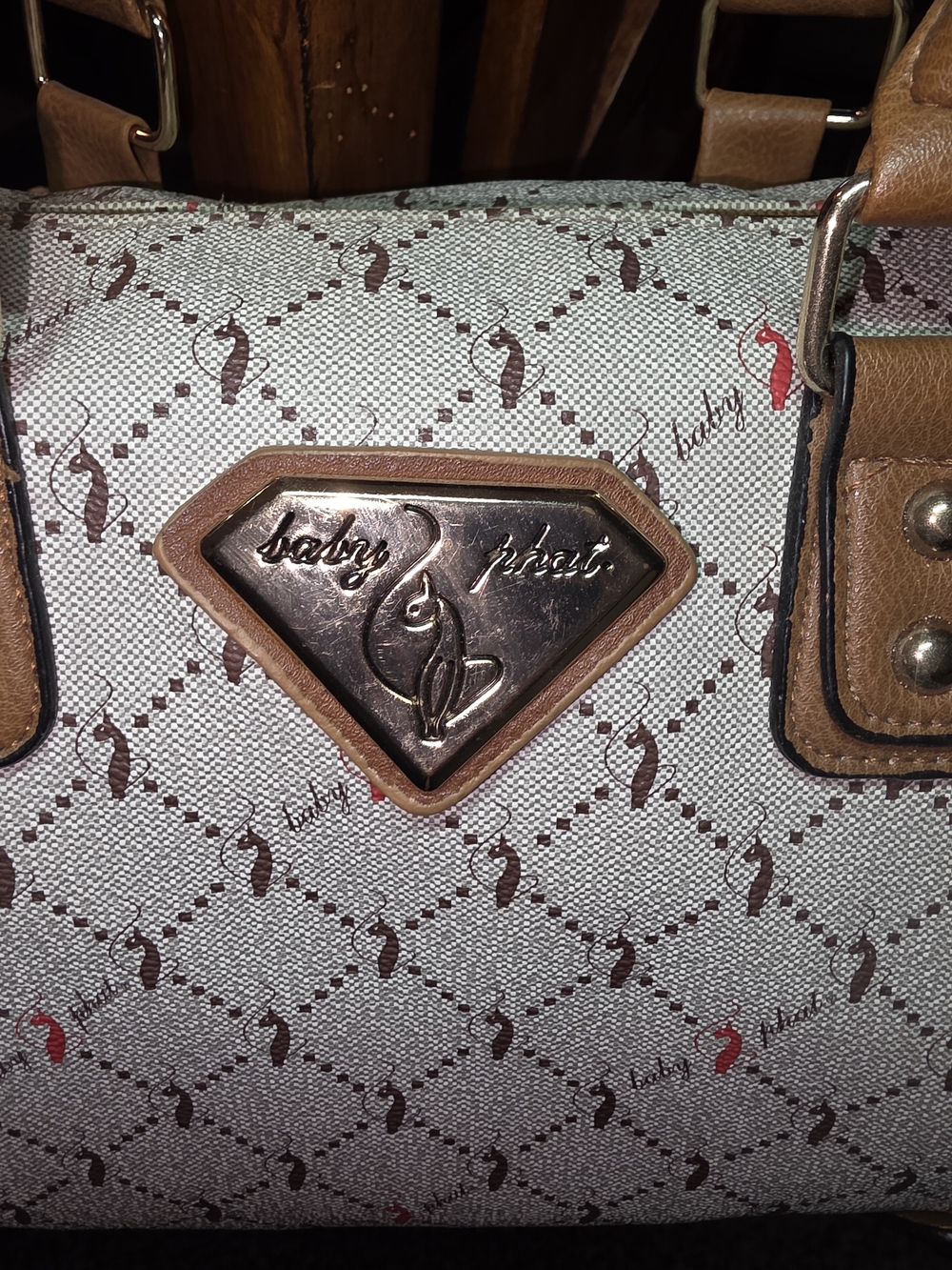 Baby Phat Cream Satchel with Tan Handles and Pink Accents - Picture 2 of 9